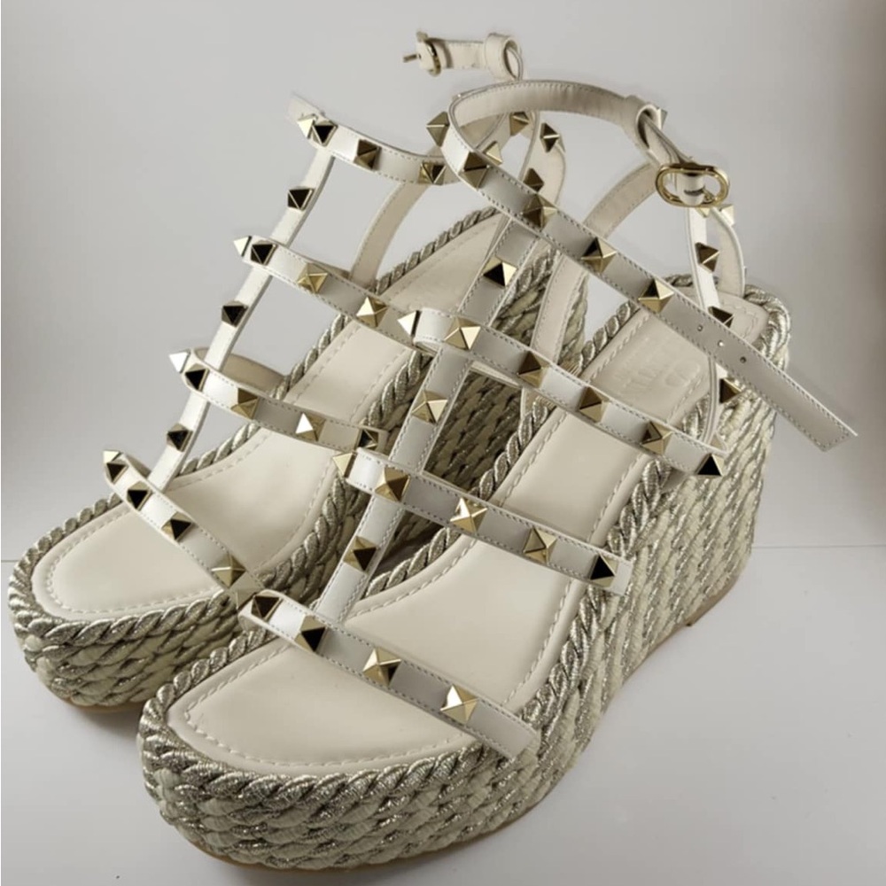 Valentino Cream and Gold Studded Wedges